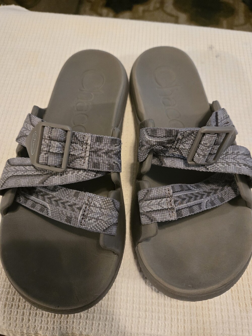 Chaco Gray Patterned Strap Slide Sandals